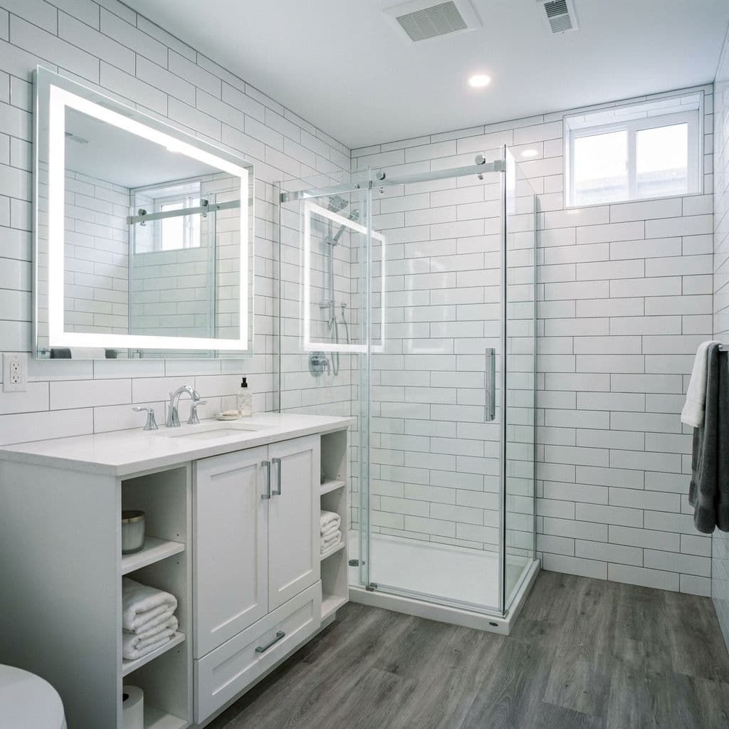 Modern compact basement bathroom with subway tile